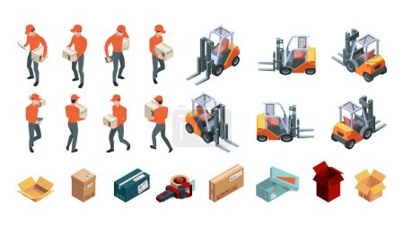 Illustration for Warehouse isometric. Shipping transporting and forklift loader services warehouse garish vector illustrations set. Illustration forklift and shipping loader isometric - Royalty Free Image