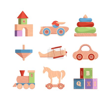 Illustration for Wooden toys. Vintage funny items for kids cars blocks dolls for happy holidays garish vector flat old collection. Illustration wooden toy, pyramid and train, truck and horse - Royalty Free Image