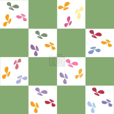 Illustration of a grid pattern of multi-colored flowers, tiles, paper, cloth
