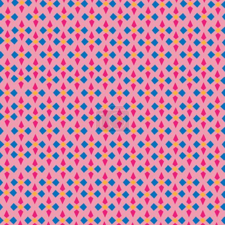 Abstract illustration background with three geometric seamless patterns in red, pink, yellow, blue.