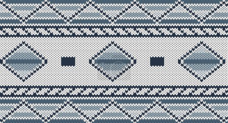 Téléchargez les illustrations : Modèle tricoté géomatrique bleu et blanc, Design de pull festif. Modèle tricoté sans couture - en licence libre de droit