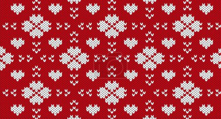 Téléchargez les illustrations : Fleur blanche et coeur sur motif tricoté rouge, Design de pull festif. Modèle tricoté sans couture - en licence libre de droit