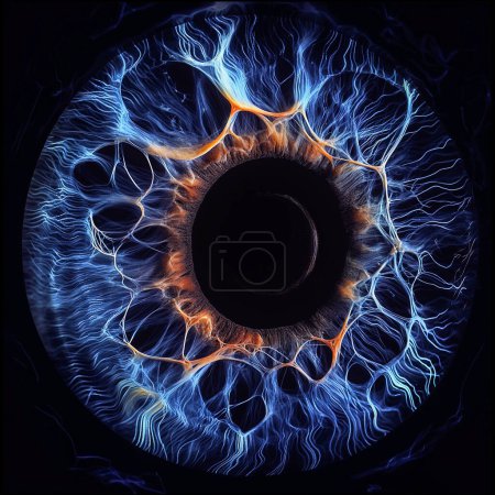 Téléchargez les illustrations : Gros plan de l'iris oculaire sur fond bleu foncé - en licence libre de droit