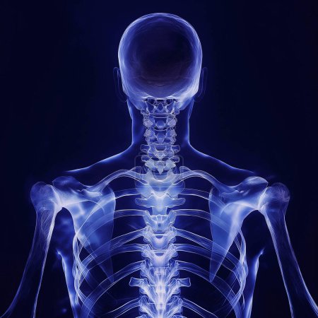 Film radiographique crâne et colonne vertébrale sur fond bleu foncé, vue de dos