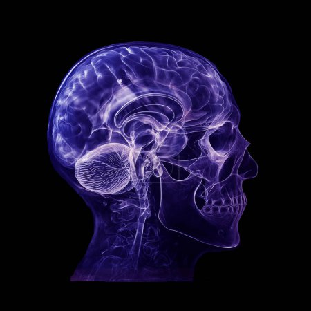 Röntgenfilm des menschlichen Gehirns und Schädels auf dunklem Hintergrund, Gesundheits- und Medizinkonzept