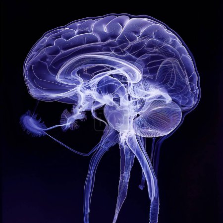 Humen film radiographique du cerveau sur fond bleu foncé, vue de côté, Santé et médecine concept.