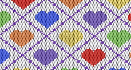 Rainbow heart knitted pattern, Pride month knitted design, Festive Sweater Design. Seamless Knitted Pattern, Christmas concept.