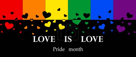 Corazón del arco iris sobre fondo negro, Celebremos el mes del Orgullo con colorido fondo de orgullo del arco iris para desfiles de festivales, fiestas y eventos sociales, pancarta, tarjeta de felicitación, póster, pancarta web, plantilla, redes sociales.