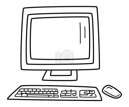 Téléchargez les illustrations : Ordinateur - Un ordinateur portable de bureau de périphérique personnel simple comprenant un écran, un clavier et une souris pour la conception de gadgets informatiques et un élément de diagramme de réseau - en licence libre de droit