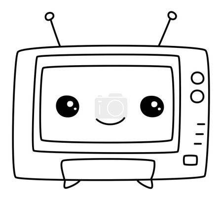 Téléchargez les illustrations : Télévision - L'écran d'un grand vecteur de télévision obsolète affiche un visage souriant gai, alors qu'il est soutenu par deux antennes et de petites balises, avec des boutons idéalement situés sur le côté droit - en licence libre de droit
