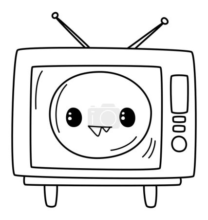 Téléchargez les illustrations : Television - A Dated TV Vector with Antennas and Stands, Displaying a Whimsical Design on the ScreenA Circle with Eyes and Teeth Protruding Like a Children's Show. Tous les boutons sont placés sur le côté droit - en licence libre de droit