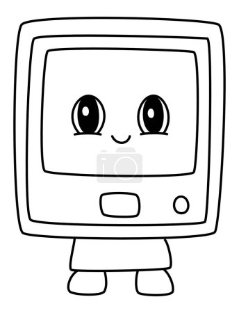 Illustration for Television - A Charming, Old-Fashioned TV with Glittering Eyes and a Smiling Face, Depicted in a Cute Cartoon Style, Stands on Imaginary Legs, Facing Forward in Black and White Vector Art - Royalty Free Image