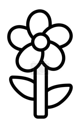 Téléchargez les illustrations : Fleur - Une fleur basique et simple fleurit avec des pétales totalement égaux et des feuilles symétriquement positionnées sur la tige moyenne, dans un style irréaliste minimal pour un logo ou une icône - en licence libre de droit