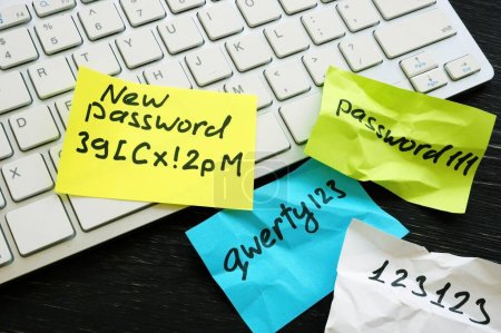 Photo for New strong password and weak ones near keyboard - Royalty Free Image