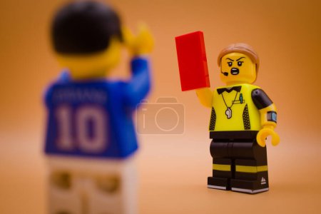 Photo for Warsaw, Poland, September 9 2023.Football player receiving red card for a nasty foul.Lego minifigure and all other bricks are made by THE LEGO GROUP. - Royalty Free Image