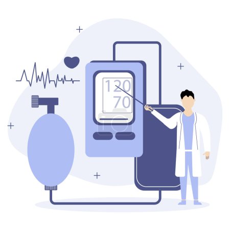 Ilustración de Concepto de salud y medicina. El médico mide la presión arterial y el pulso con un tonómetro. Ilustración vectorial. - Imagen libre de derechos