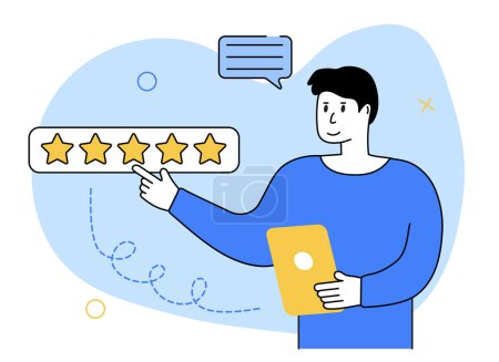 Escena de retroalimentación.El personaje deja una reseña de 5 estrellas. Servicio al cliente y concepto de experiencia del usuario.Ilustración vectorial.