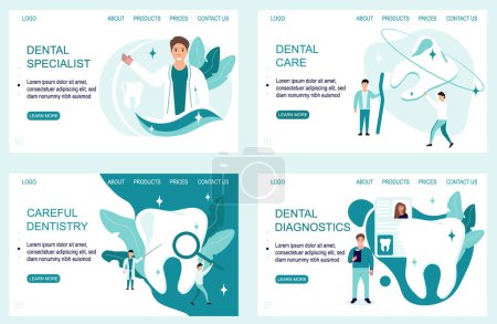 Dentist profession web banner or landing page set.Dentists diagnose the problem, treat teeth and provide dental care. Idea of dental and oral care. Caries treatment.Vector illustration.