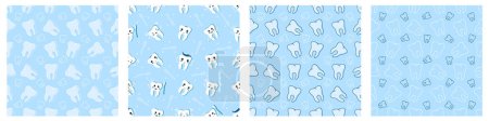 Illustration for Set of seamless patterns with cute teeth on a blue background. Fabric design, textile, wrapping paper, background, postcards. Vector decorative illustration for dental design. - Royalty Free Image