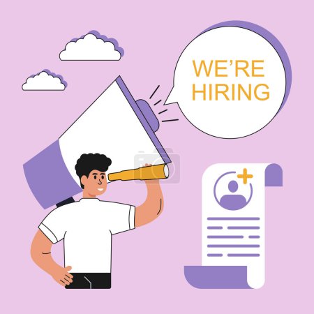 Illustration for Man employer speaks on the loudspeaker, we are hiring !!!, and is looking for new employees. Recruitment agency, search for candidates online. Recruitment agency concept. Vector illustration. - Royalty Free Image