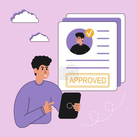 Illustration for Hiring illustrations. The manager approves the new employee for the vacancy and agrees with him the details of the working conditions. They sign the employment contract. Vector illustration. - Royalty Free Image