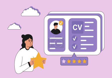 Illustration for Hiring illustrations. Hr managers searching new employee, reading CV and giving job candidate review. Recruitment agency concept. Vector illustration isolated on background - Royalty Free Image