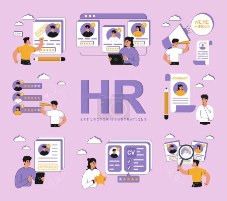Illustration for Big set hiring illustrations. Hr managers searching new employee, reading CV and giving job candidate review. Recruitment agency concept. Vector illustration isolated on background - Royalty Free Image