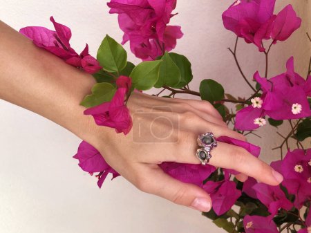 Photo for A woman's hand reaches out to a green branch blooming with bright pink flowers - Royalty Free Image