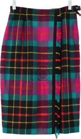 Photo for Colorful wool plaid pencil midi skirt on white background, 80s 90s vintage winter fashion trends - Royalty Free Image