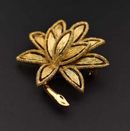 Beautiful golden brooch on black background, close-up.