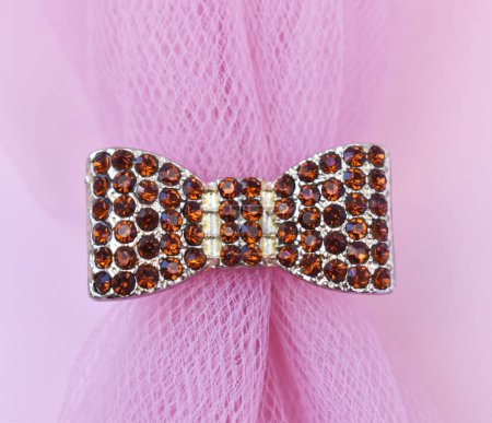 brooch with rhinestones on the background of pink tulle