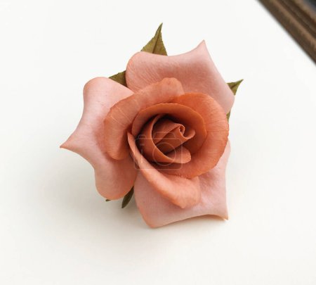 Orange rose on white background. Flat lay, top view, copy space