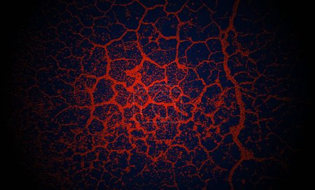 Ilustración de Un fondo azul oscuro y rojo con grietas de lava textura neuronas arteria para papel pintado, fondo abstracto con líneas brillantes, - Imagen libre de derechos