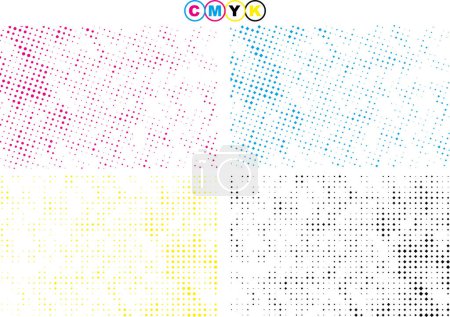 set of four different colored halftone patterns of cmyk dot,  abstract background with square dot effect bundle,