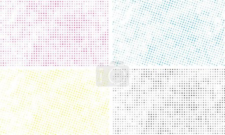 set of four different colored halftone patterns of cmyk dot,  abstract background with square dot effect bundle,