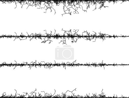 Illustration for A set of four different textures with different patterns fence wire, vintage spiky wire fencing border black and white, a barbed wire fence with grunge effect, - Royalty Free Image