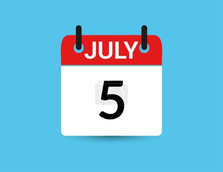 Téléchargez les illustrations : Le 5 juillet. Calendrier icône plat isolé sur fond bleu. Illustration vectorielle date et mois - en licence libre de droit