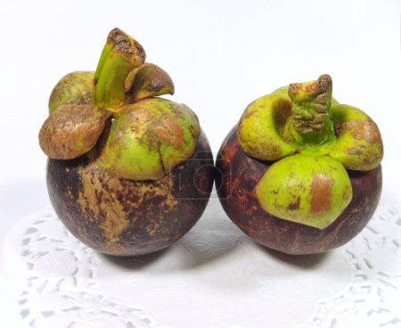 Two mangosteens fruit picture, isolated on a white background.known as buah manggis in Indonesia