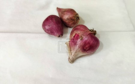 Three shallot onions isolate on white background. Shallots used a lot in Asians as spices 
