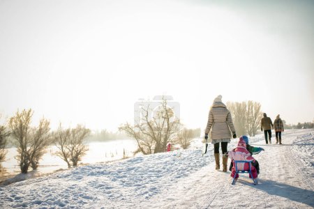 Mother and children on snow covered field, walking away, children are on sleigh.