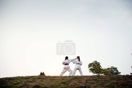 Photo for Martial training, two girls karate fight. - Royalty Free Image