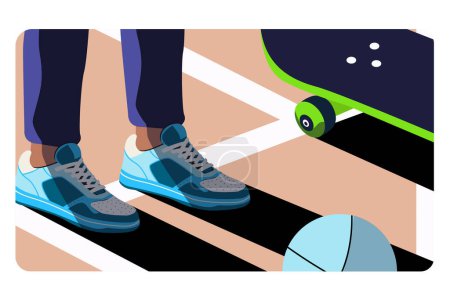 Téléchargez les illustrations : Vue recadrée des jambes de la personne dans des chaussures debout près de skateboard - en licence libre de droit