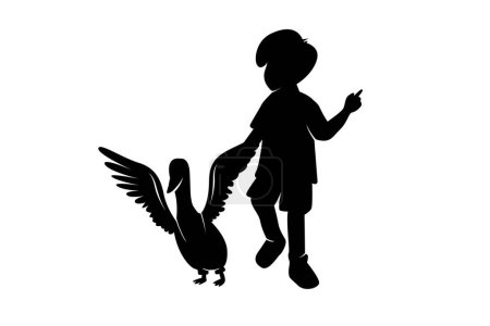 Illustration for Silhouette of boy walking with duck isolated on white - Royalty Free Image