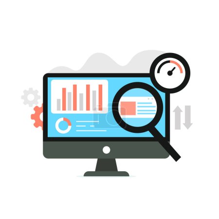 Illustration for Website analysis data with magnifying glass, business analytics strategy, searching concept. vector flat graphic design illustration - Royalty Free Image
