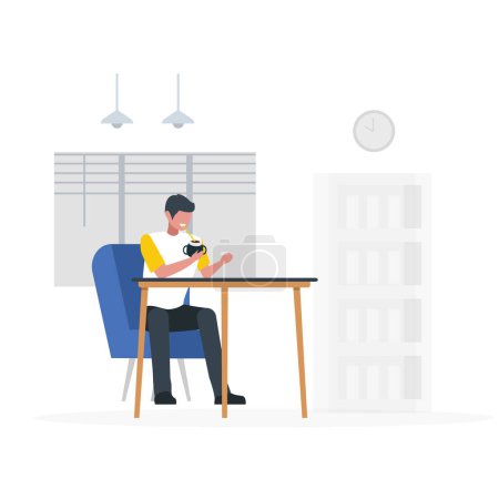 Ilustración de Hombre sentado en la mesa en la sala de trabajo y beber un coco de agua y relajarse en el escritorio. ilustración vectorial - Imagen libre de derechos