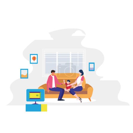 Illustration for Happy family watching tv together vector flat illustration,  mother, father and child sitting on sofa and spending time together - Royalty Free Image