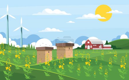 Téléchargez les illustrations : Illustration vectorielle de ferme à la campagne avec éoliennes - en licence libre de droit