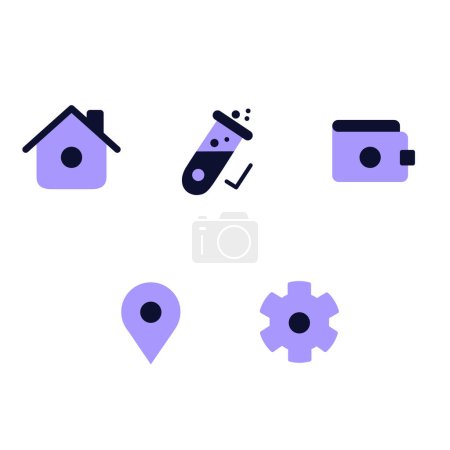 Illustration for Modern vector icons set for web and mobile. home, pin, cog, wallet, test tube icon. - Royalty Free Image