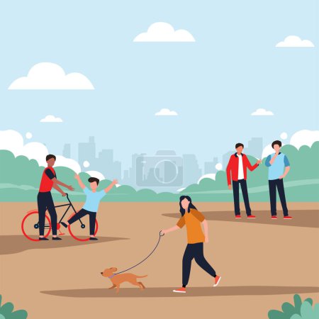 Téléchargez les illustrations : Personnes profitant d'activités de plein air au parc forestier d'été. des gens qui parlent, qui marchent avec un chien, qui font du vélo. parc urbain moderne pour la marche et le vélo illustration vectorielle. - en licence libre de droit