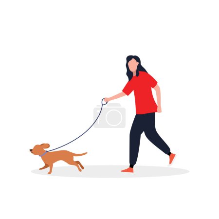 Téléchargez les illustrations : Jeune femme avec chien marche vectoriel illustration design - en licence libre de droit